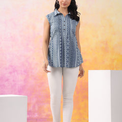 Indigo Pure Cotton Casual A-Line Sleeveless Top With Pair Of Half Sleeves Attached For Women