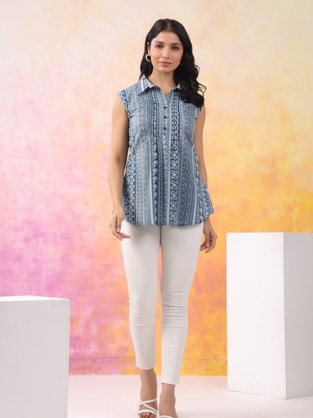 Indigo Pure Cotton Casual A-Line Sleeveless Top With Pair Of Half Sleeves Attached For Women