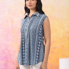 Indigo Pure Cotton Casual A-Line Sleeveless Top With Pair Of Half Sleeves Attached For Women
