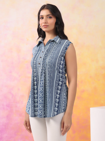 Indigo Pure Cotton Casual A-Line Sleeveless Top With Pair Of Half Sleeves Attached For Women