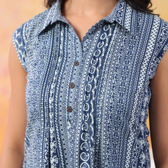 Indigo Pure Cotton Casual A-Line Sleeveless Top With Pair Of Half Sleeves Attached For Women