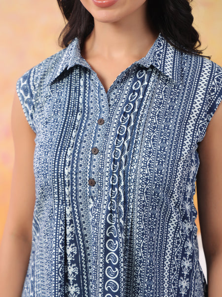 Indigo Pure Cotton Casual A-Line Sleeveless Top With Pair Of Half Sleeves Attached For Women
