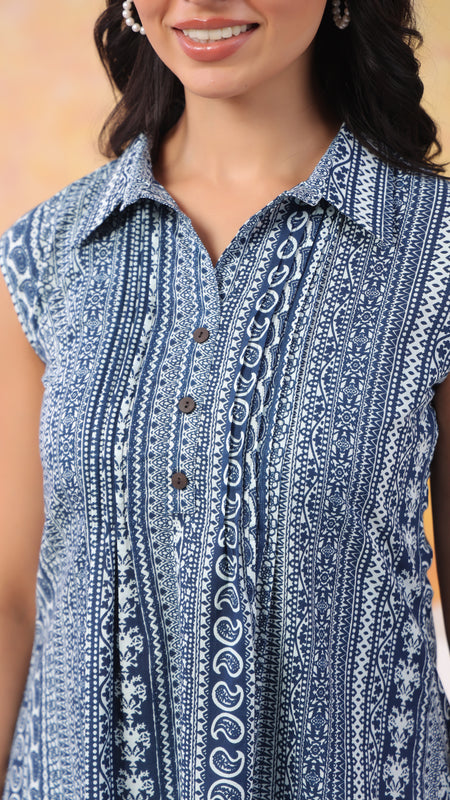 Indigo Pure Cotton Casual A-Line Sleeveless Top With Pair Of Half Sleeves Attached For Women
