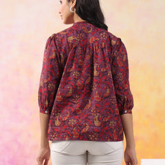 Red And Wine Pure Cotton Casual Relaxed Fit 3/4Th Sleeves Top For Women