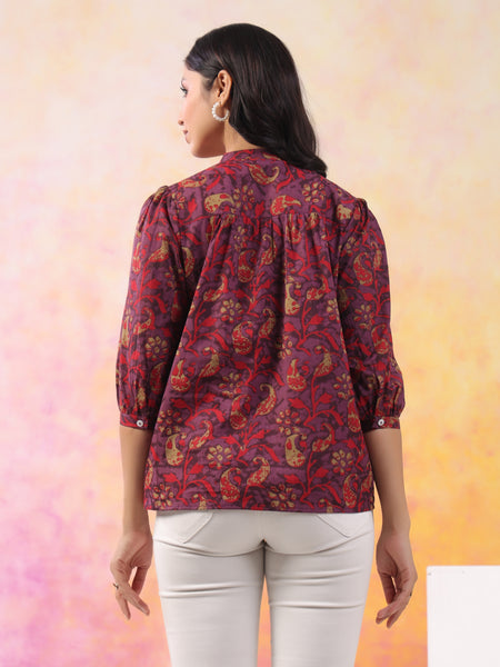 Red And Wine Pure Cotton Casual Relaxed Fit 3/4Th Sleeves Top For Women