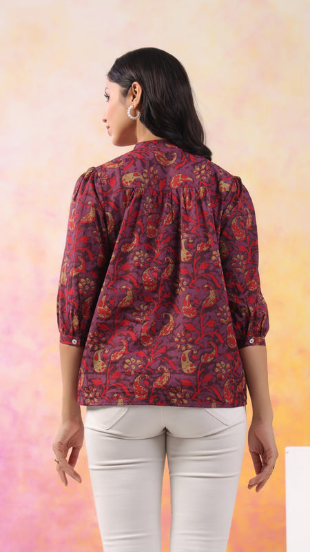 Red And Wine Pure Cotton Casual Relaxed Fit 3/4Th Sleeves Top For Women