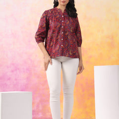 Red And Wine Pure Cotton Casual Relaxed Fit 3/4Th Sleeves Top For Women