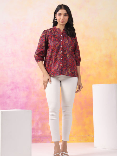 Red And Wine Pure Cotton Casual Relaxed Fit 3/4Th Sleeves Top For Women