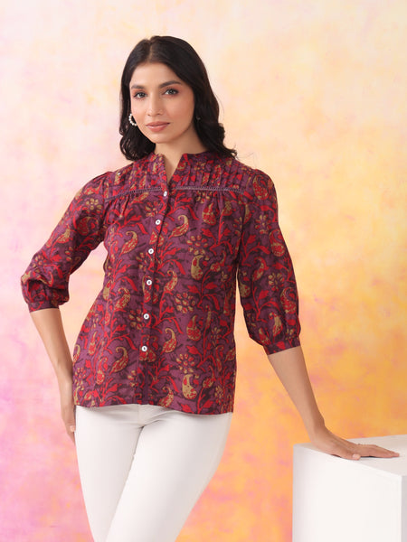 Red And Wine Pure Cotton Casual Relaxed Fit 3/4Th Sleeves Top For Women