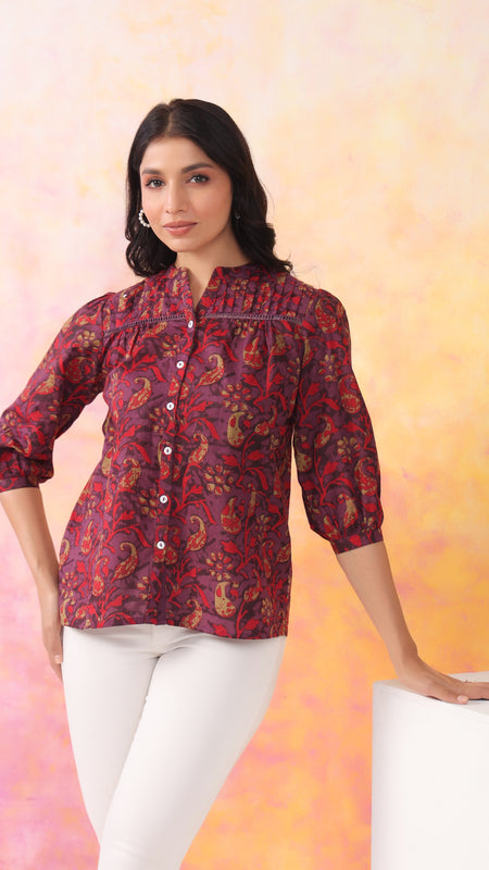 Red And Wine Pure Cotton Casual Relaxed Fit 3/4Th Sleeves Top For Women