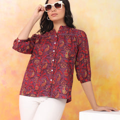 Red And Wine Pure Cotton Casual Relaxed Fit 3/4Th Sleeves Top For Women