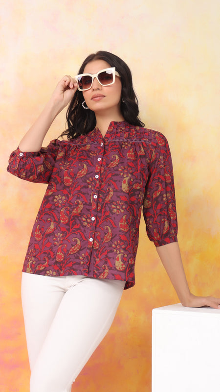 Red And Wine Pure Cotton Casual Relaxed Fit 3/4Th Sleeves Top For Women
