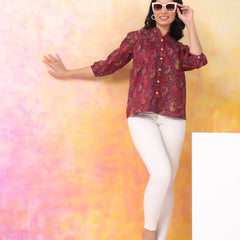 Red And Wine Pure Cotton Casual Relaxed Fit 3/4Th Sleeves Top For Women