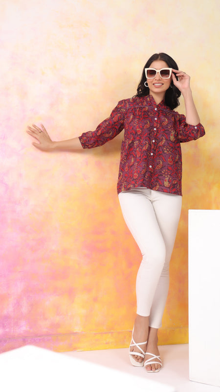 Red And Wine Pure Cotton Casual Relaxed Fit 3/4Th Sleeves Top For Women