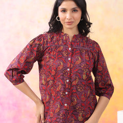 Red And Wine Pure Cotton Casual Relaxed Fit 3/4Th Sleeves Top For Women