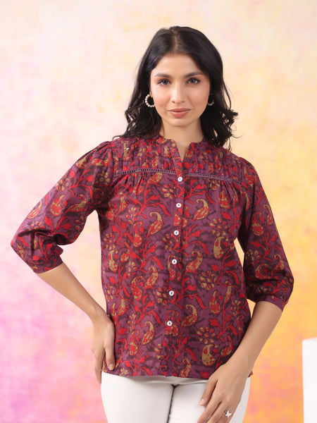 Red And Wine Pure Cotton Casual Relaxed Fit 3/4Th Sleeves Top For Women