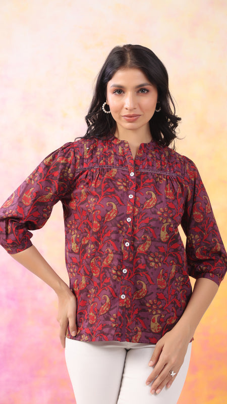 Red And Wine Pure Cotton Casual Relaxed Fit 3/4Th Sleeves Top For Women