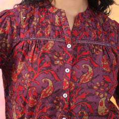 Red And Wine Pure Cotton Casual Relaxed Fit 3/4Th Sleeves Top For Women