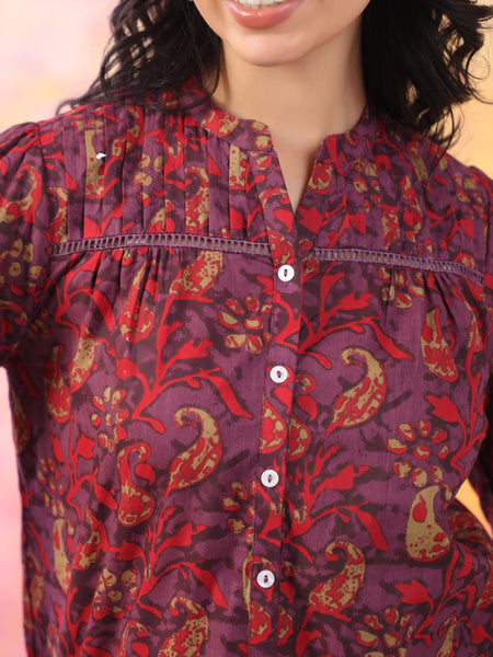 Red And Wine Pure Cotton Casual Relaxed Fit 3/4Th Sleeves Top For Women