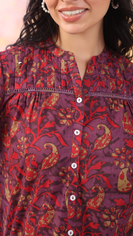 Red And Wine Pure Cotton Casual Relaxed Fit 3/4Th Sleeves Top For Women
