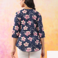 Navy Blue Pure Cotton Casual A-Line 3/4Th Sleeves Top For Women