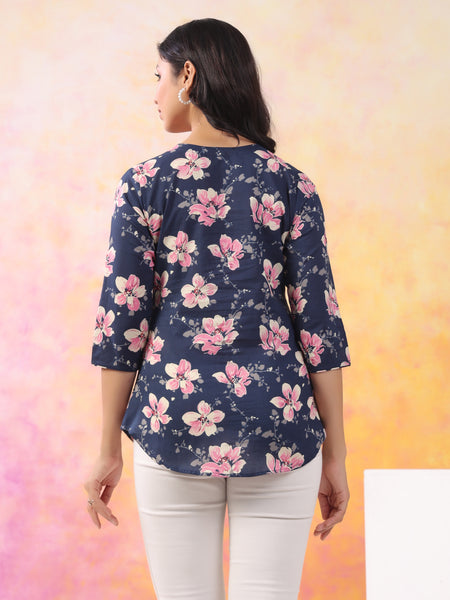 Navy Blue Pure Cotton Casual A-Line 3/4Th Sleeves Top For Women