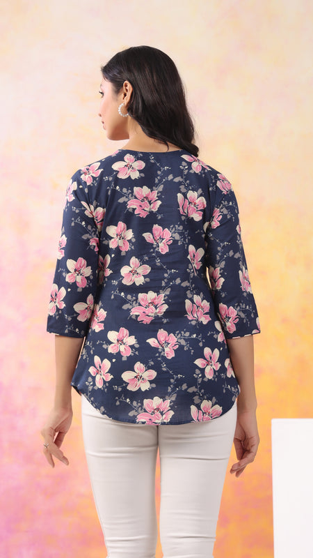 Navy Blue Pure Cotton Casual A-Line 3/4Th Sleeves Top For Women