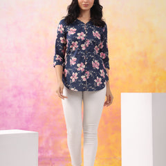 Navy Blue Pure Cotton Casual A-Line 3/4Th Sleeves Top For Women