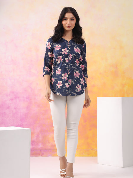 Navy Blue Pure Cotton Casual A-Line 3/4Th Sleeves Top For Women
