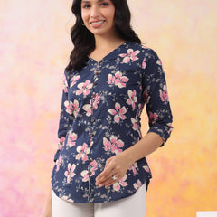 Navy Blue Pure Cotton Casual A-Line 3/4Th Sleeves Top For Women