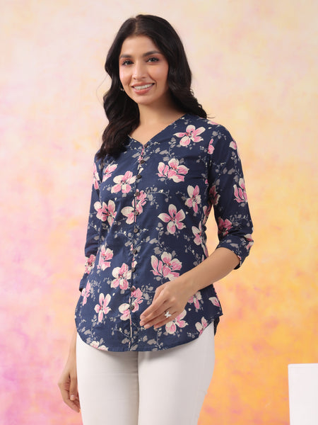 Navy Blue Pure Cotton Casual A-Line 3/4Th Sleeves Top For Women