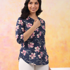 Navy Blue Pure Cotton Casual A-Line 3/4Th Sleeves Top For Women
