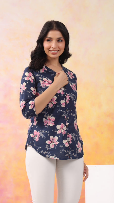 Navy Blue Pure Cotton Casual A-Line 3/4Th Sleeves Top For Women