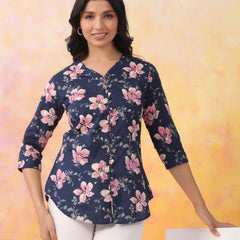 Navy Blue Pure Cotton Casual A-Line 3/4Th Sleeves Top For Women
