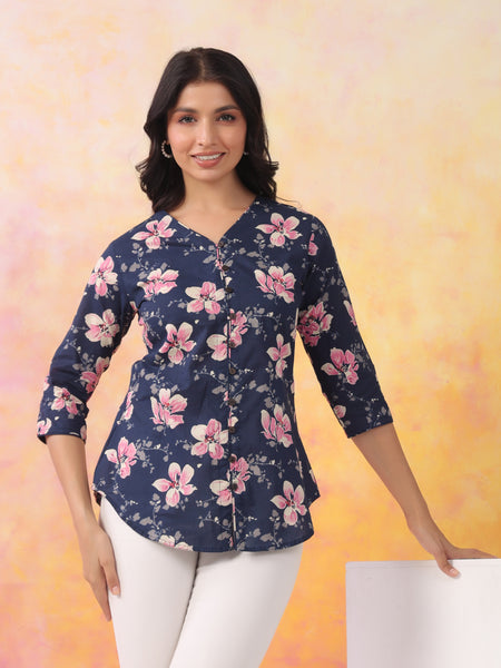 Navy Blue Pure Cotton Casual A-Line 3/4Th Sleeves Top For Women