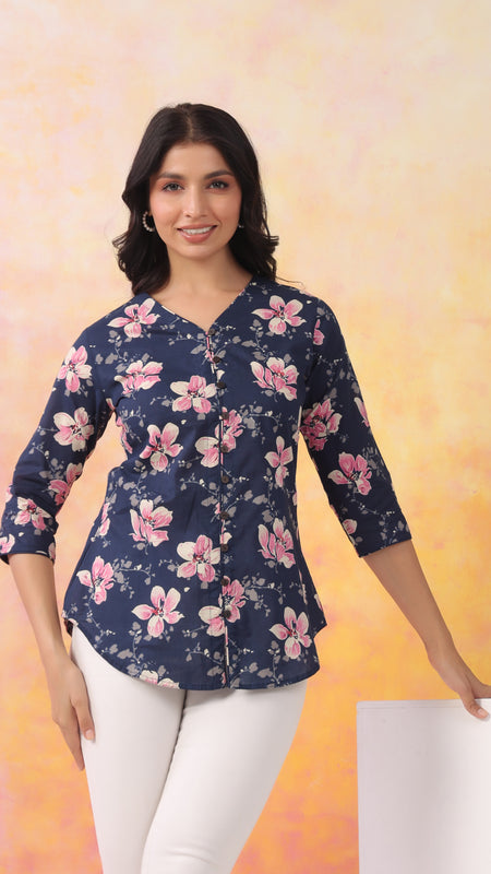 Navy Blue Pure Cotton Casual A-Line 3/4Th Sleeves Top For Women