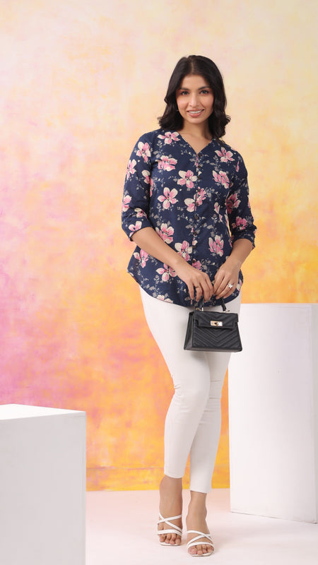 Navy Blue Pure Cotton Casual A-Line 3/4Th Sleeves Top For Women