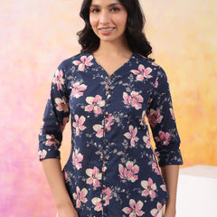 Navy Blue Pure Cotton Casual A-Line 3/4Th Sleeves Top For Women