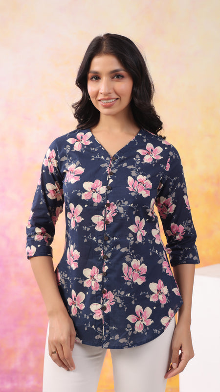 Navy Blue Pure Cotton Casual A-Line 3/4Th Sleeves Top For Women