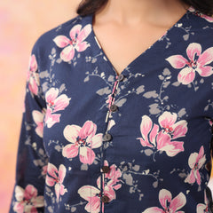 Navy Blue Pure Cotton Casual A-Line 3/4Th Sleeves Top For Women