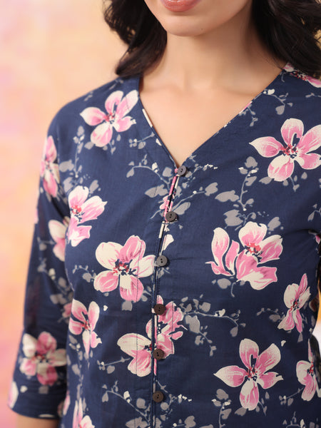 Navy Blue Pure Cotton Casual A-Line 3/4Th Sleeves Top For Women