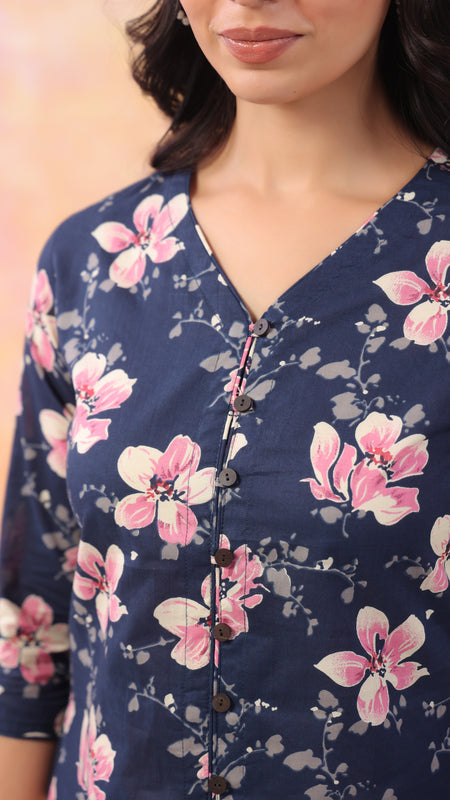 Navy Blue Pure Cotton Casual A-Line 3/4Th Sleeves Top For Women