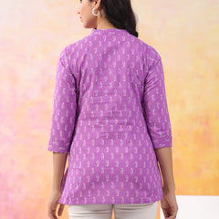 Purple Pure Cotton Casual A-Line 3/4Th Sleeves Top For Women