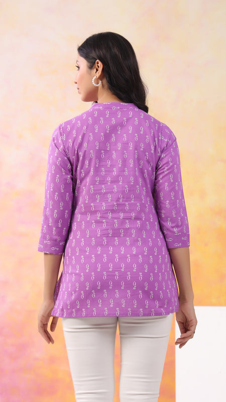 Purple Pure Cotton Casual A-Line 3/4Th Sleeves Top For Women
