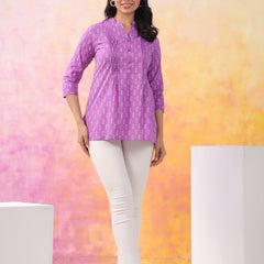 Purple Pure Cotton Casual A-Line 3/4Th Sleeves Top For Women