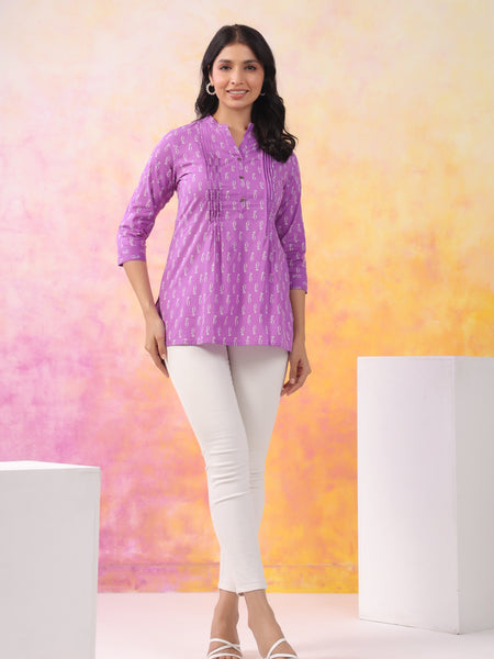 Purple Pure Cotton Casual A-Line 3/4Th Sleeves Top For Women