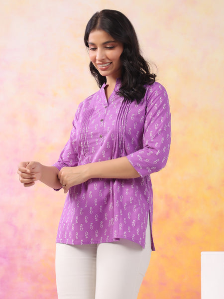 Purple Pure Cotton Casual A-Line 3/4Th Sleeves Top For Women