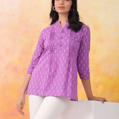 Purple Pure Cotton Casual A-Line 3/4Th Sleeves Top For Women