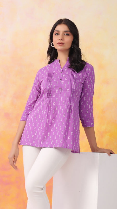 Purple Pure Cotton Casual A-Line 3/4Th Sleeves Top For Women