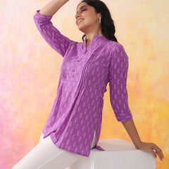 Purple Pure Cotton Casual A-Line 3/4Th Sleeves Top For Women